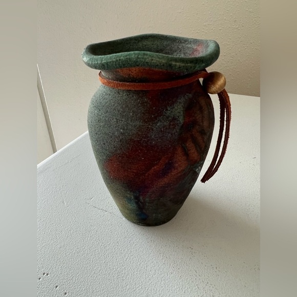 RAKU POTTERY VASE Handmade in Arizona 5" Tall | Leather Trim - Picture 5 of 9